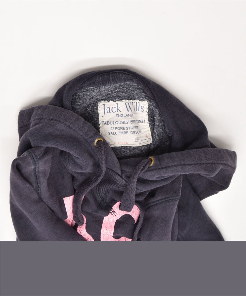 JACK WILLS Womens Graphic Hoodie Jumper UK 8 Small Navy Blue Cotton | Vintage | Thrift | Second-Hand | Used Clothing | Messina Hembry 