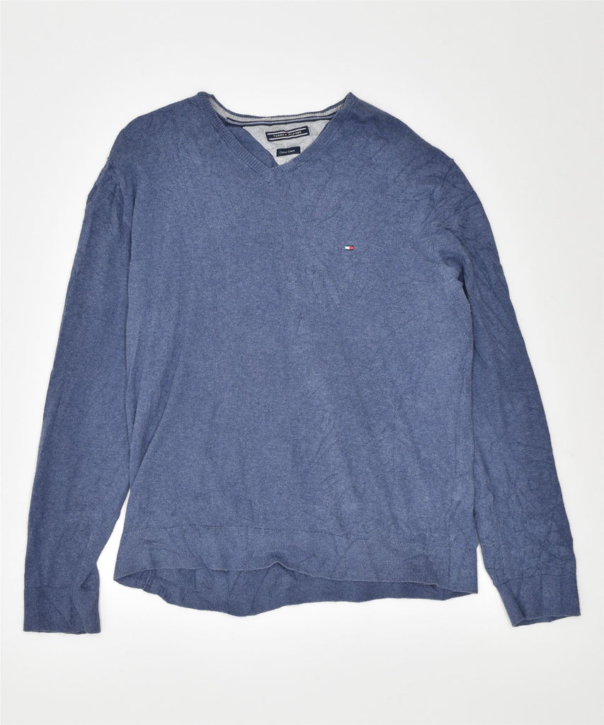 TOMMY HILFIGER Mens V-Neck Jumper Sweater Large Blue Cotton | Vintage | Thrift | Second-Hand | Used Clothing | Messina Hembry 