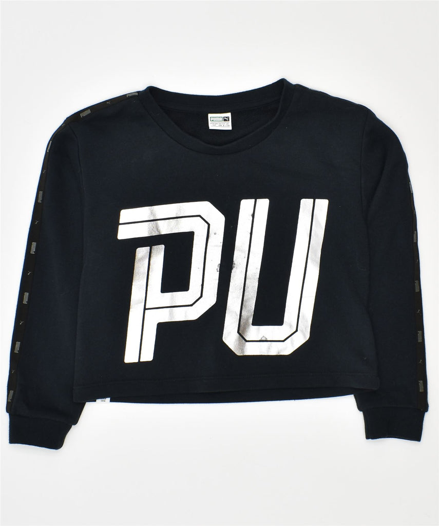 PUMA Girls Crop Graphic Sweatshirt Jumper 7-8 Years Black | Vintage | Thrift | Second-Hand | Used Clothing | Messina Hembry 