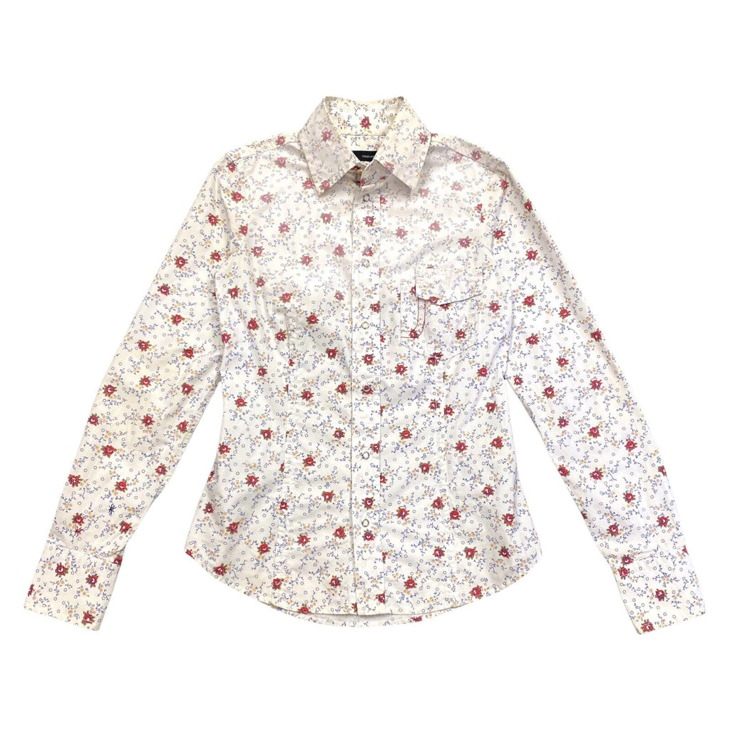 Dsquared2 Floral Popper Shirt | Vintage High End Luxury Designer White Flowers | Vintage Messina Hembry | Thrift | Second-Hand Messina Hembry | Used Clothing | Messina Hembry 