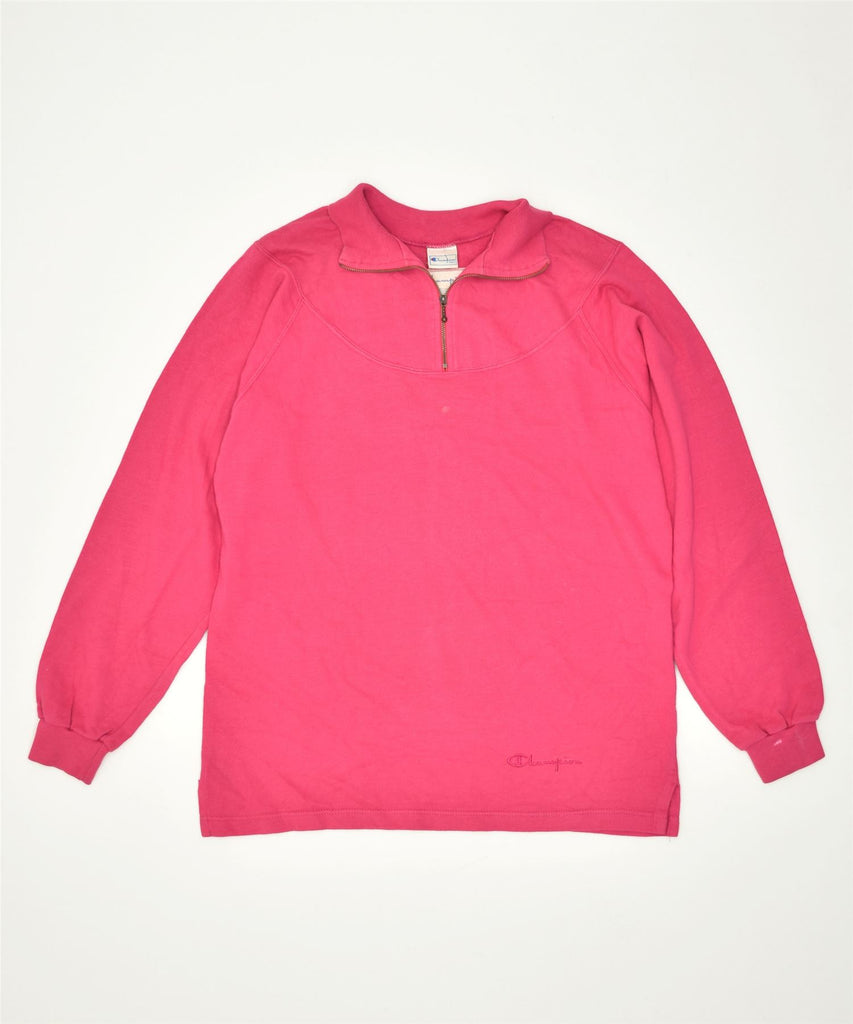 CHAMPION Womens Zip Neck Sweatshirt Jumper UK 14 Medium Pink Cotton | Vintage | Thrift | Second-Hand | Used Clothing | Messina Hembry 