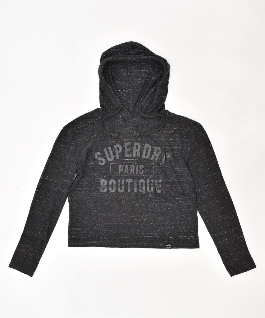 SUPERDRY Womens Paris Graphic Crop Hoodie Jumper UK 6 XS Black Flecked | Vintage | Thrift | Second-Hand | Used Clothing | Messina Hembry 