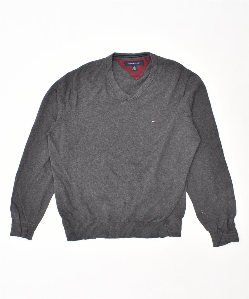 TOMMY HILFIGER Mens V-Neck Jumper Sweater Medium Grey Cotton | Vintage | Thrift | Second-Hand | Used Clothing | Messina Hembry 