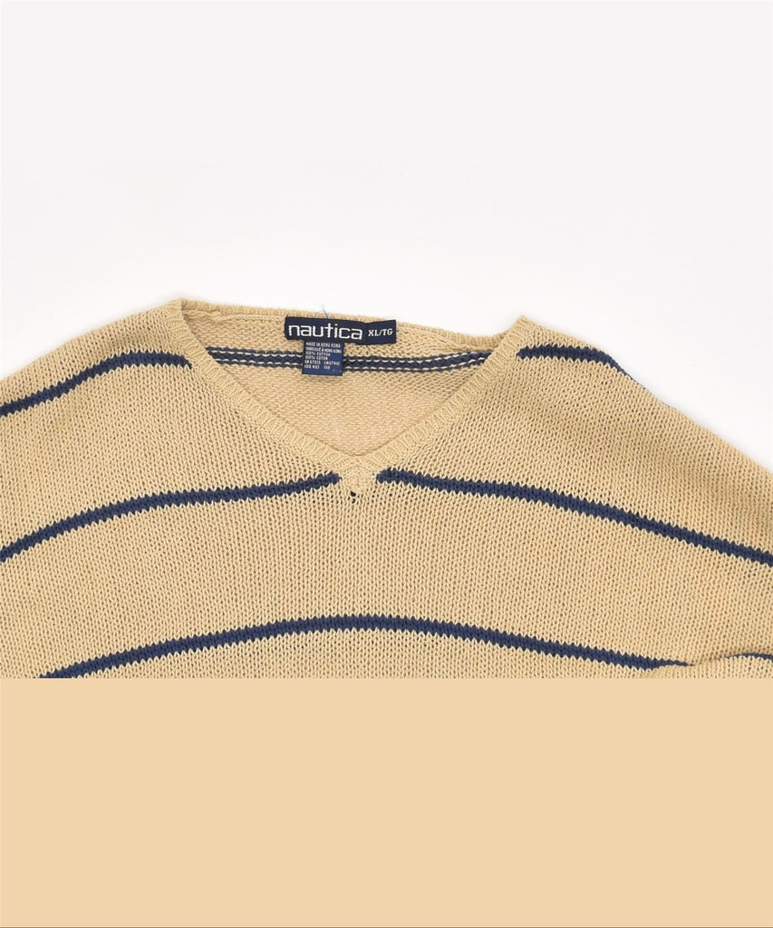 NAUTICA Mens V-Neck Jumper Sweater XL Brown Striped Cotton | Vintage | Thrift | Second-Hand | Used Clothing | Messina Hembry 