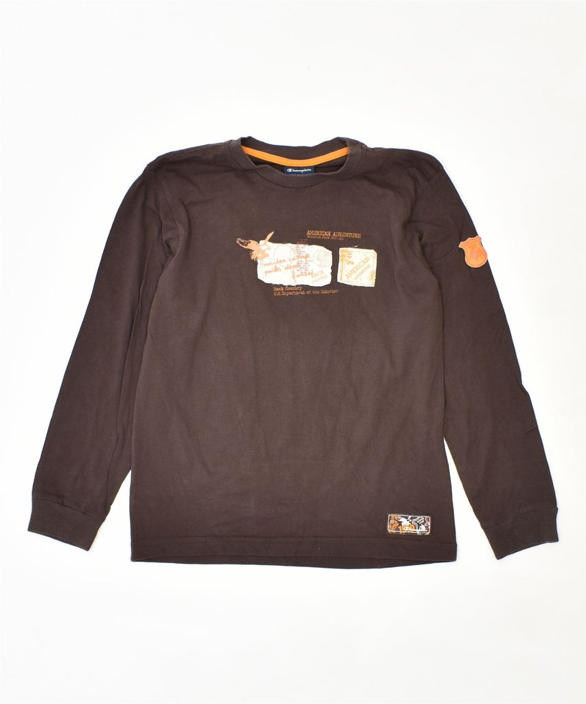 CHAMPION Boys Graphic Top Long Sleeve 9-10 Years Medium Brown Cotton | Vintage | Thrift | Second-Hand | Used Clothing | Messina Hembry 