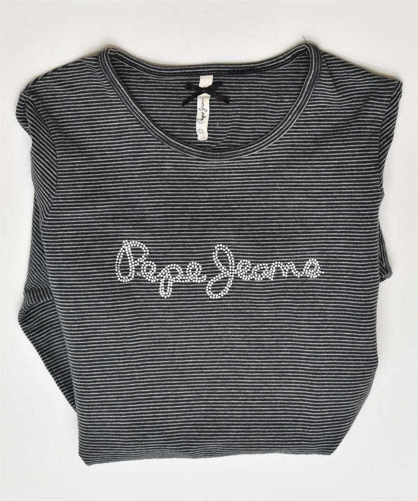 PEPE JEANS Womens Graphic Top Long Sleeve UK 12 Medium Grey Striped Cotton | Vintage | Thrift | Second-Hand | Used Clothing | Messina Hembry 