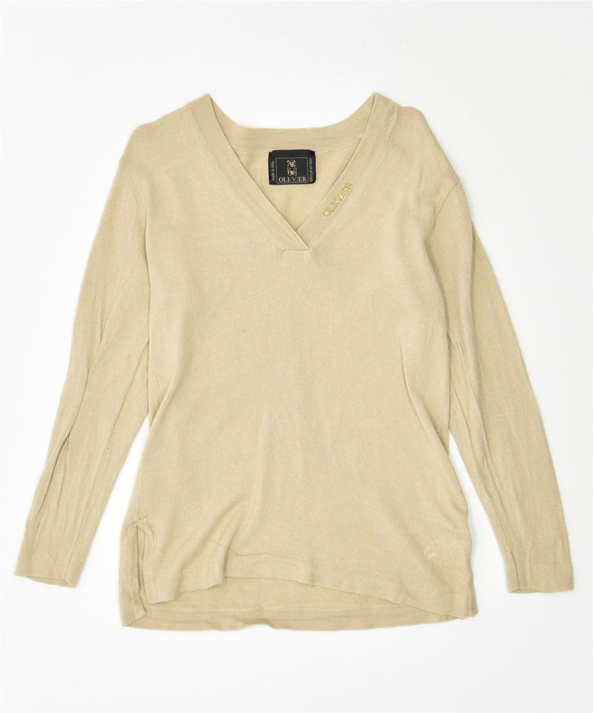 OLIVER Womens V-Neck Jumper Sweater UK 14 Medium Beige | Vintage | Thrift | Second-Hand | Used Clothing | Messina Hembry 