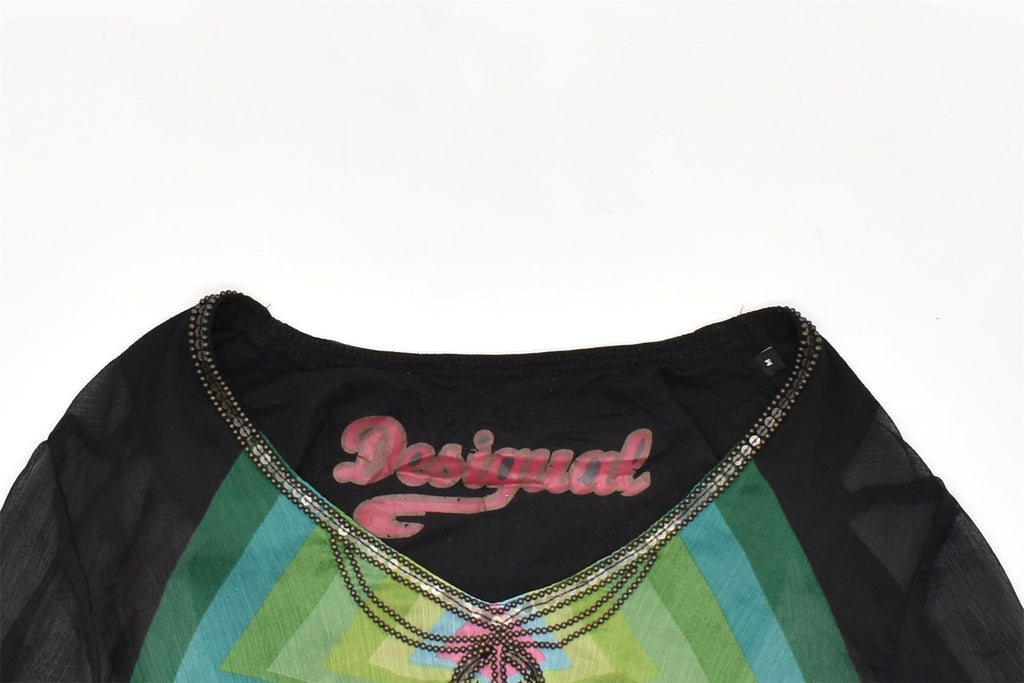 DESIGUAL Womens See Through Tunic Top UK 12 Medium Black Argyle/Diamond | Vintage | Thrift | Second-Hand | Used Clothing | Messina Hembry 