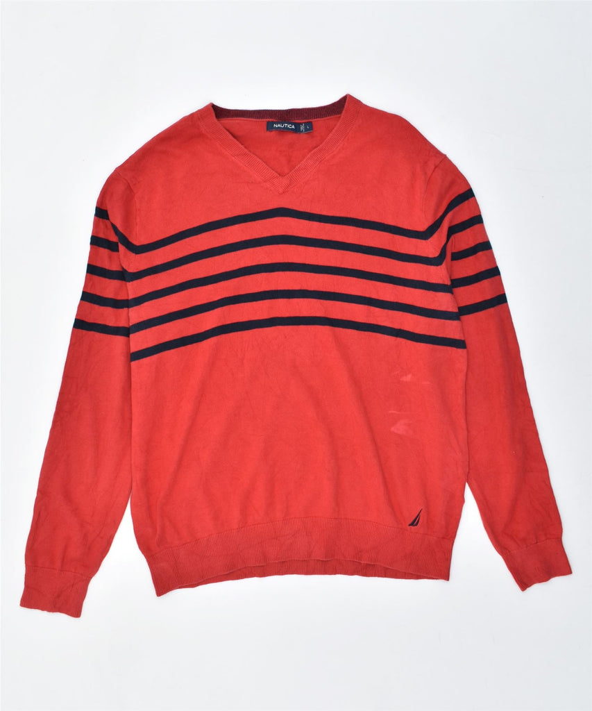 NAUTICA Mens V-Neck Jumper Sweater Large Red Striped Cotton | Vintage | Thrift | Second-Hand | Used Clothing | Messina Hembry 