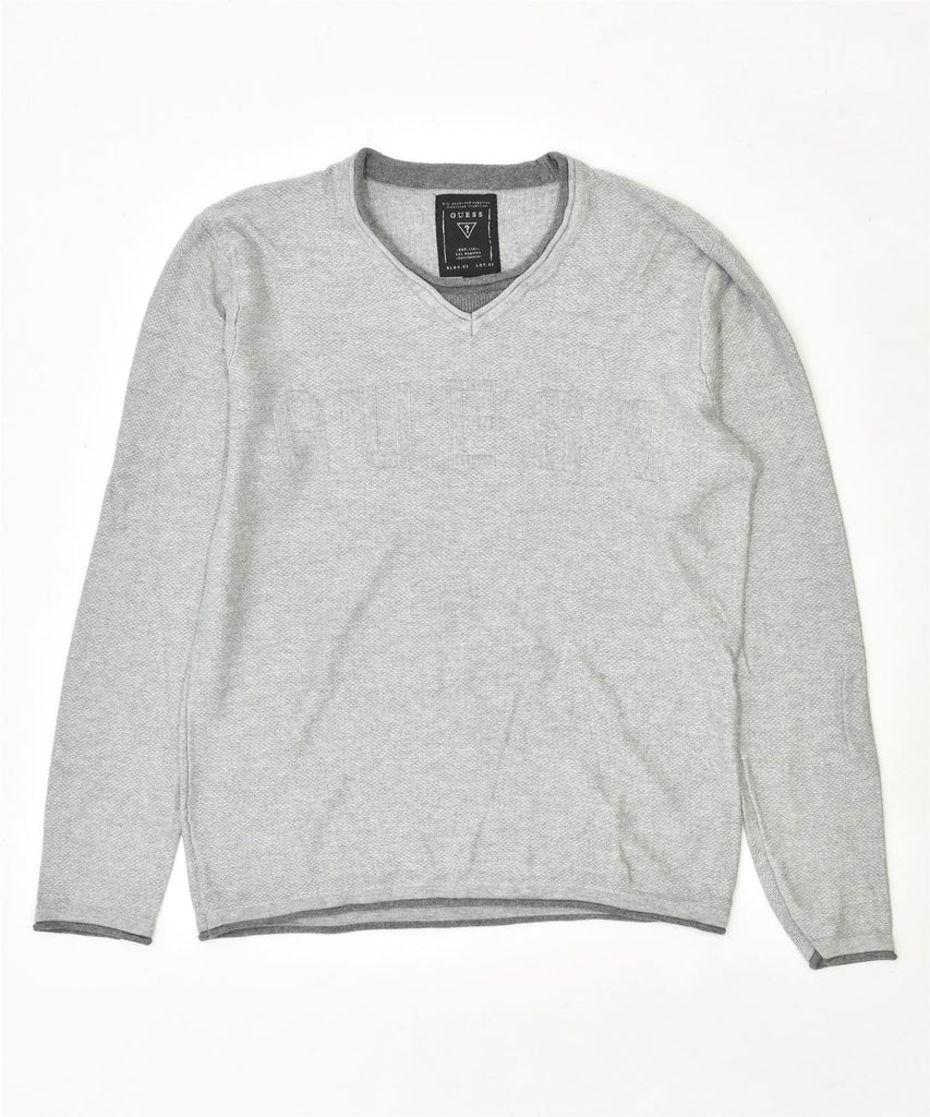 GUESS Mens V-Neck Jumper Sweater Medium Grey Cotton | Vintage | Thrift | Second-Hand | Used Clothing | Messina Hembry 