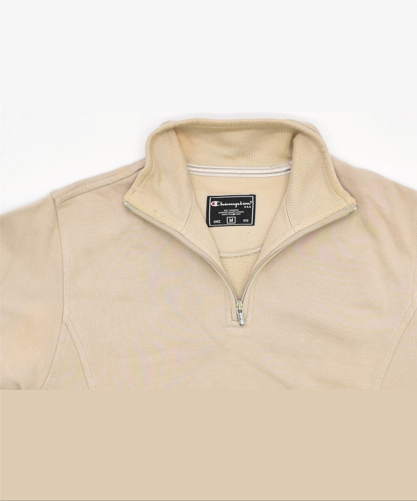 CHAMPION Womens Zip Neck Sweatshirt Jumper UK 14 Medium Beige Cotton | Vintage | Thrift | Second-Hand | Used Clothing | Messina Hembry 