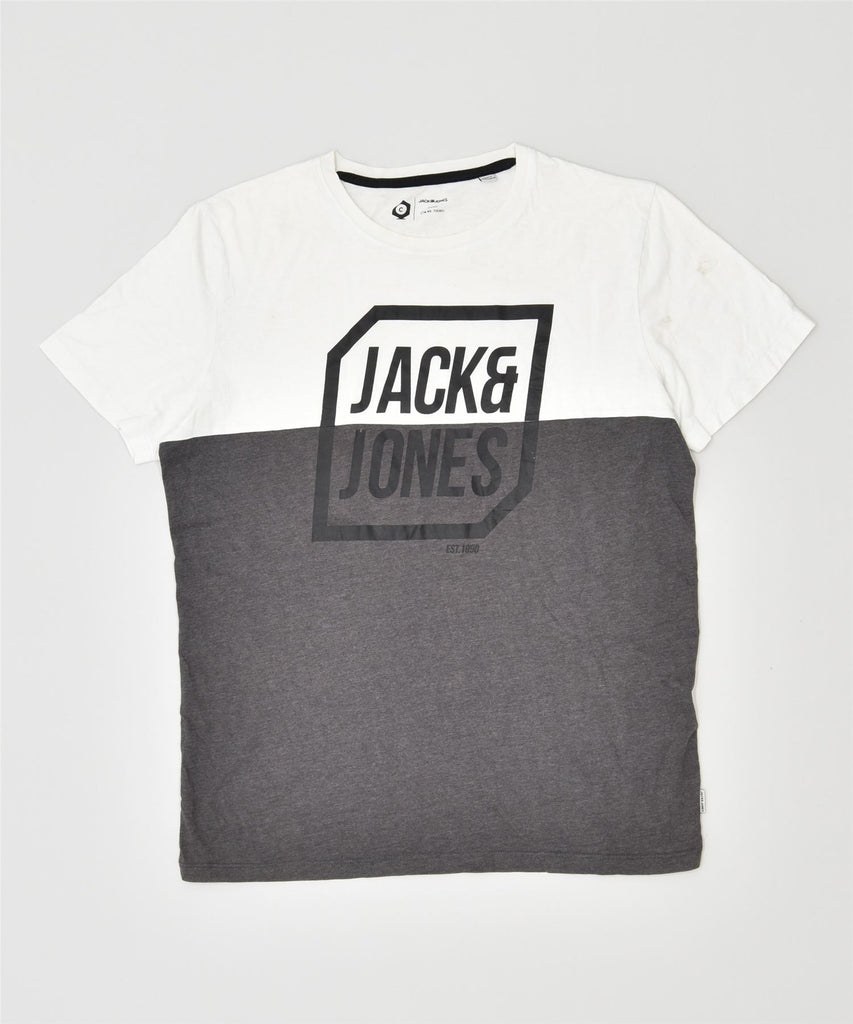 JACK & JONES Mens Core Graphic T-Shirt Top Large White Colourblock Cotton | Vintage | Thrift | Second-Hand | Used Clothing | Messina Hembry 