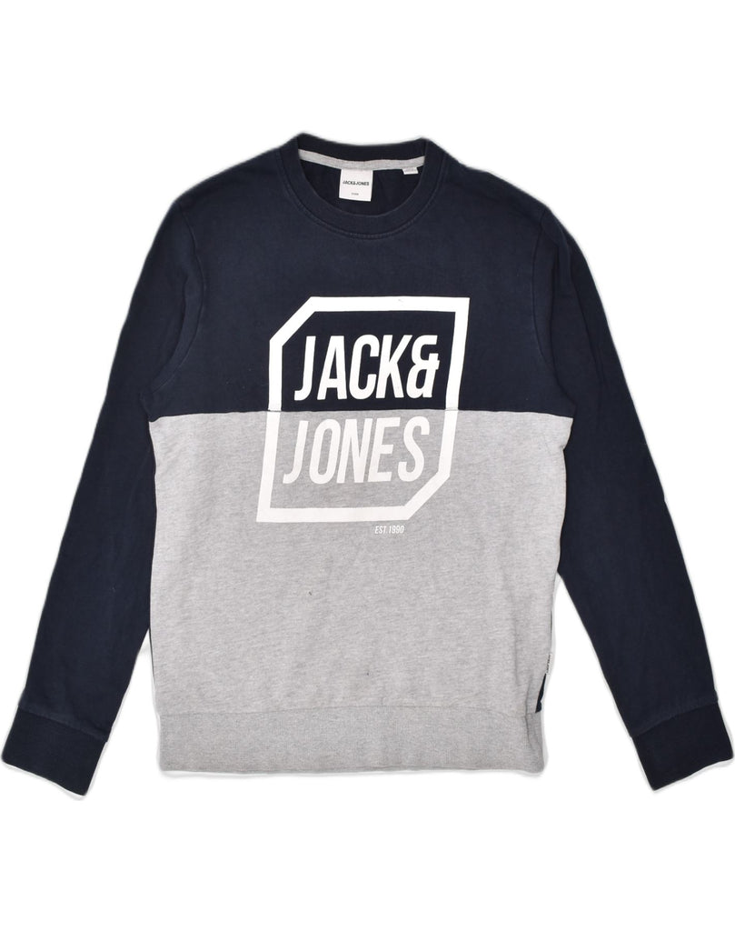 JACK & JONES Mens Graphic Top Long Sleeve Small Navy Blue | Vintage | Thrift | Second-Hand | Used Clothing | Messina Hembry 