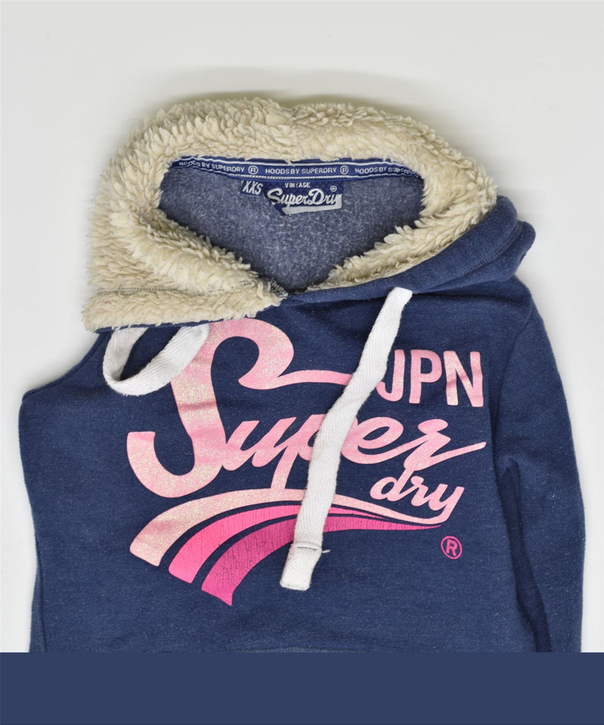 SUPERDRY Womens Graphic Hoodie Jumper UK 2 2XS Navy Blue Cotton | Vintage | Thrift | Second-Hand | Used Clothing | Messina Hembry 