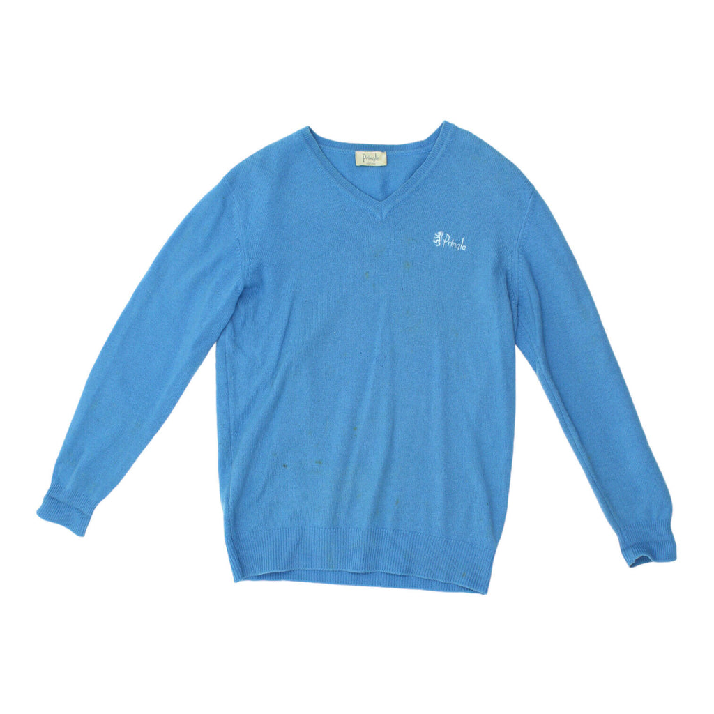 Pringle Scotland Mens Blue V Neck Wool Knit Jumper | Vintage Designer Sweater | Vintage Messina Hembry | Thrift | Second-Hand Messina Hembry | Used Clothing | Messina Hembry 