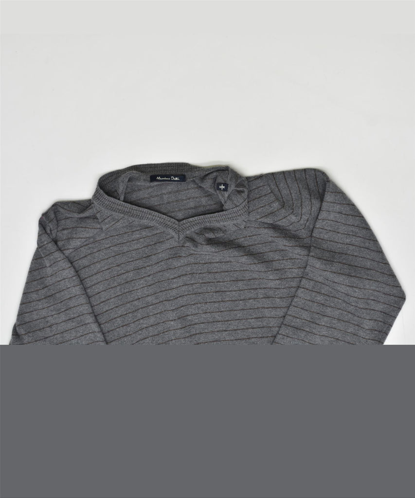 MASSIMO DUTTI Mens V-Neck Jumper Sweater Medium Grey Striped Cotton | Vintage | Thrift | Second-Hand | Used Clothing | Messina Hembry 