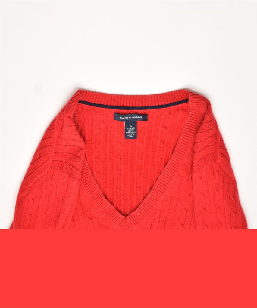 TOMMY HILFIGER Womens V-Neck Jumper Sweater UK 18 XL Red Cotton | Vintage | Thrift | Second-Hand | Used Clothing | Messina Hembry 