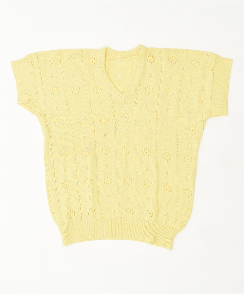 VINTAGE Womens Short Sleeve V-Neck Jumper Sweater UK 14 Large Yellow | Vintage | Thrift | Second-Hand | Used Clothing | Messina Hembry 