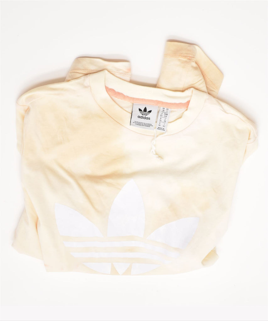 ADIDAS Womens Graphic T-Shirt Top UK 10 Small Beige Tie Dye Cotton | Vintage | Thrift | Second-Hand | Used Clothing | Messina Hembry 