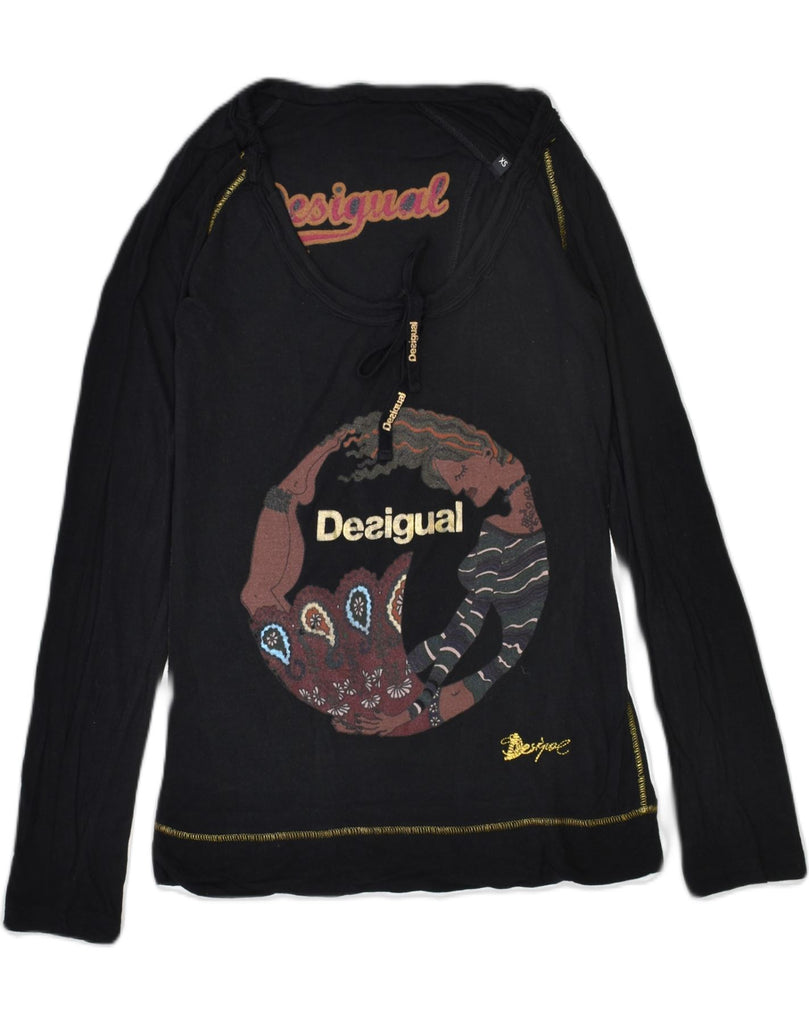 DESIGUAL Womens Oversized Graphic Blouse Top UK 6 XS Black | Vintage | Thrift | Second-Hand | Used Clothing | Messina Hembry 