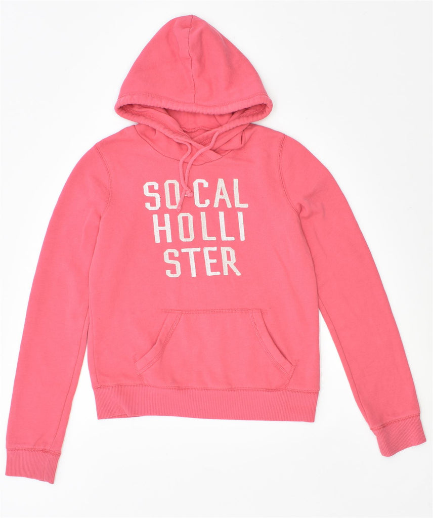 HOLLISTER Womens Graphic Hoodie Jumper UK 6 XS Pink Cotton | Vintage | Thrift | Second-Hand | Used Clothing | Messina Hembry 