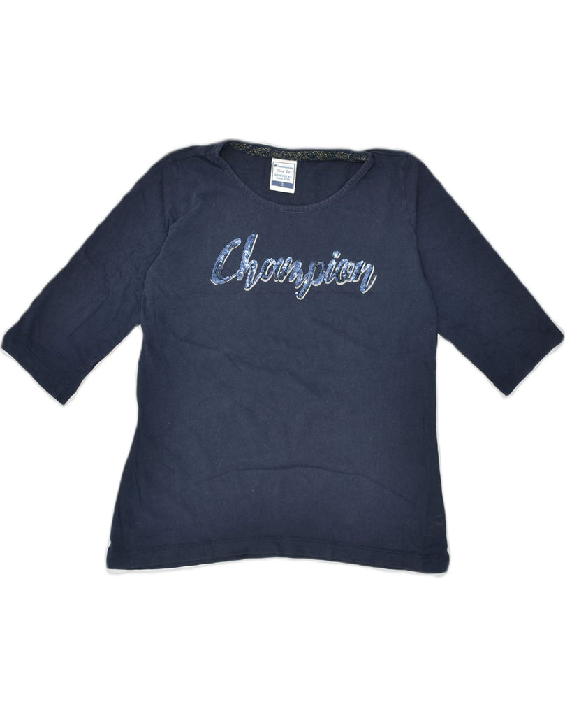 CHAMPION Womens Graphic Top 3/4 Sleeve UK 10 Small Navy Blue Cotton | Vintage | Thrift | Second-Hand | Used Clothing | Messina Hembry 