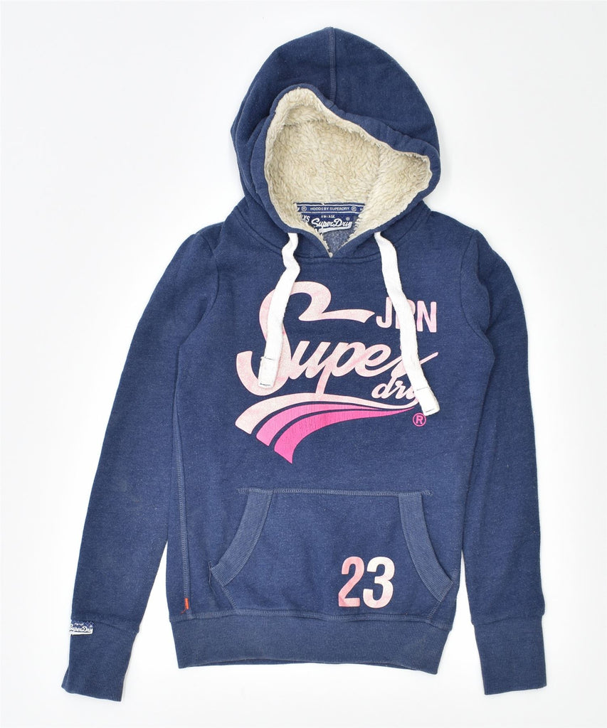 SUPERDRY Womens Graphic Hoodie Jumper UK 2 2XS Navy Blue Cotton | Vintage | Thrift | Second-Hand | Used Clothing | Messina Hembry 