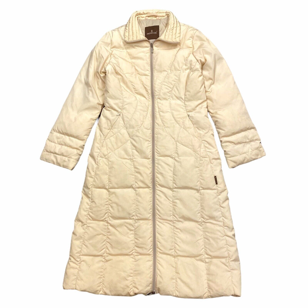 Moncler Womens Long Quilted Zip Coat | Vintage Luxury High End Designer Beige | Vintage Messina Hembry | Thrift | Second-Hand Messina Hembry | Used Clothing | Messina Hembry 