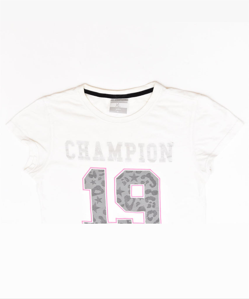 CHAMPION Girls Graphic T-Shirt Top 13-14 Years XL White Cotton | Vintage | Thrift | Second-Hand | Used Clothing | Messina Hembry 