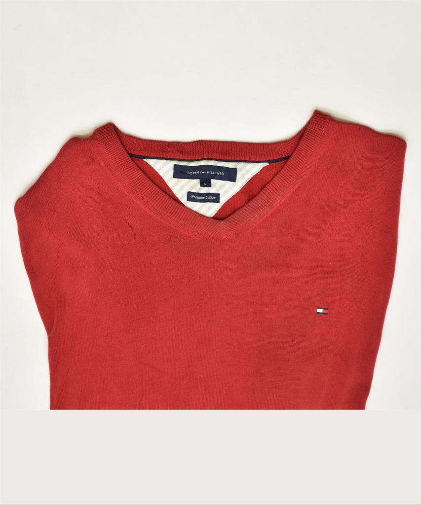 TOMMY HILFIGER Mens V-Neck Jumper Sweater Large Red Cotton | Vintage | Thrift | Second-Hand | Used Clothing | Messina Hembry 