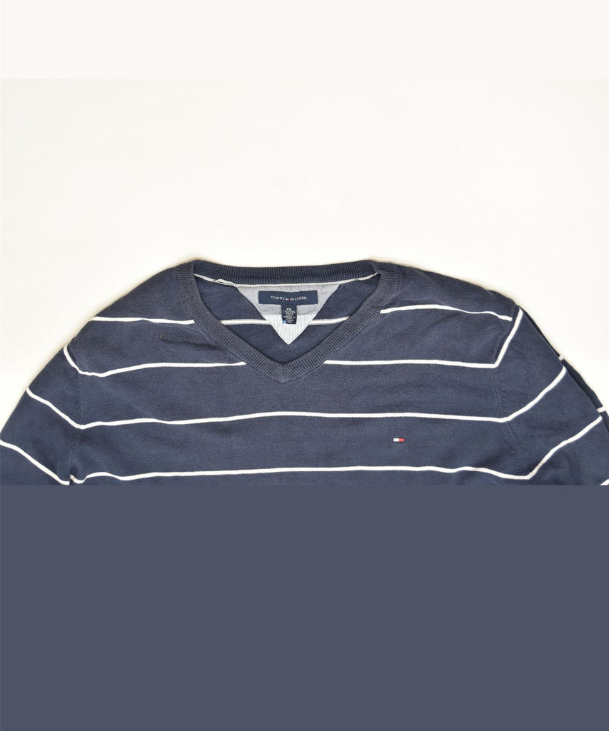 TOMMY HILFIGER Mens V-Neck Jumper Sweater 2XL Blue Striped Cotton | Vintage | Thrift | Second-Hand | Used Clothing | Messina Hembry 