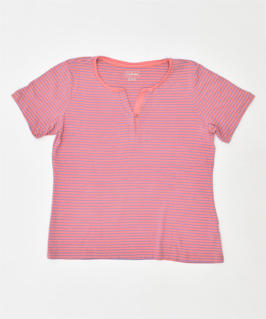 L.L.BEAN Womens Button Neck T-Shirt Top UK 14 Medium Pink Striped Cotton | Vintage | Thrift | Second-Hand | Used Clothing | Messina Hembry 