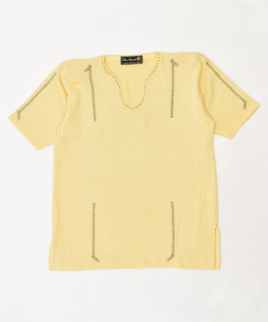 CIRA ESPOSITA Womens Short Sleeve V-Neck Jumper Sweater UK 18 XL Yellow | Vintage | Thrift | Second-Hand | Used Clothing | Messina Hembry 