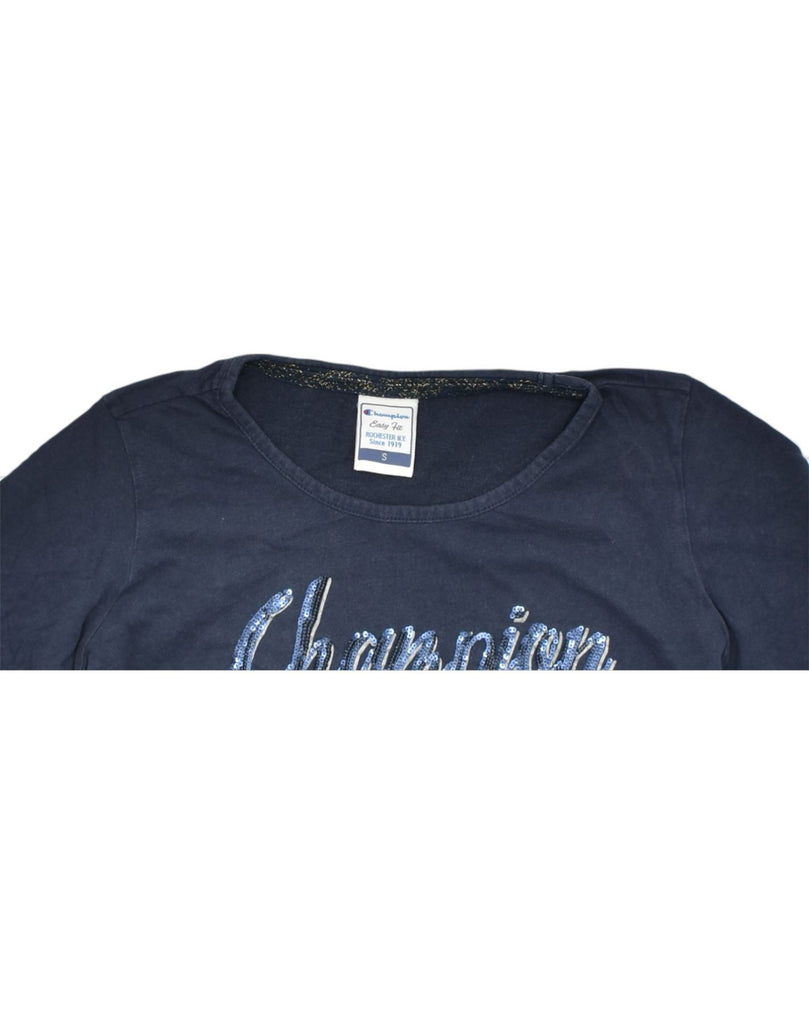 CHAMPION Womens Graphic Top 3/4 Sleeve UK 10 Small Navy Blue Cotton | Vintage | Thrift | Second-Hand | Used Clothing | Messina Hembry 