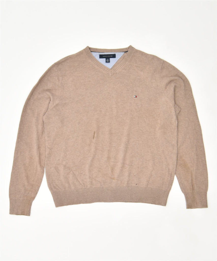 TOMMY HILFIGER Mens V-Neck Jumper Sweater Medium Beige Cotton | Vintage | Thrift | Second-Hand | Used Clothing | Messina Hembry 