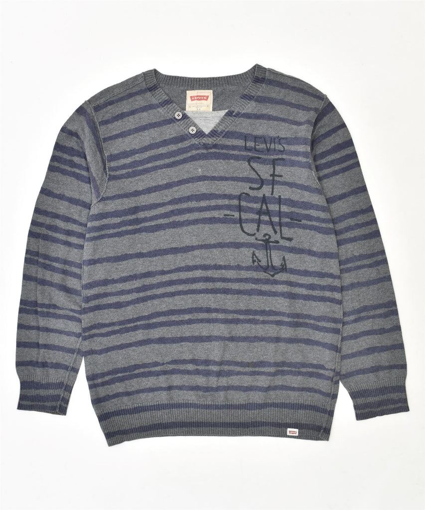 LEVI'S Boys Graphic V-Neck Jumper Sweater 13-14 Years Grey Striped Cotton | Vintage | Thrift | Second-Hand | Used Clothing | Messina Hembry 