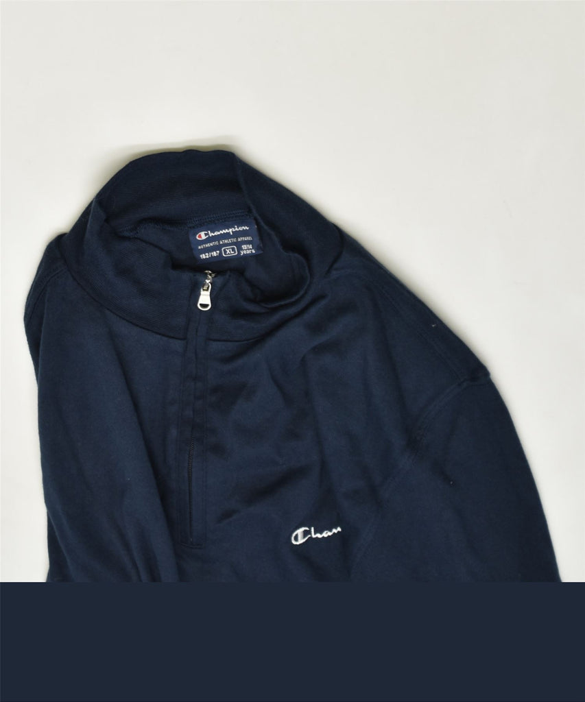 CHAMPION Boys Zip Neck Jumper Sweater 13-14 Years XL Navy Blue Cotton | Vintage | Thrift | Second-Hand | Used Clothing | Messina Hembry 