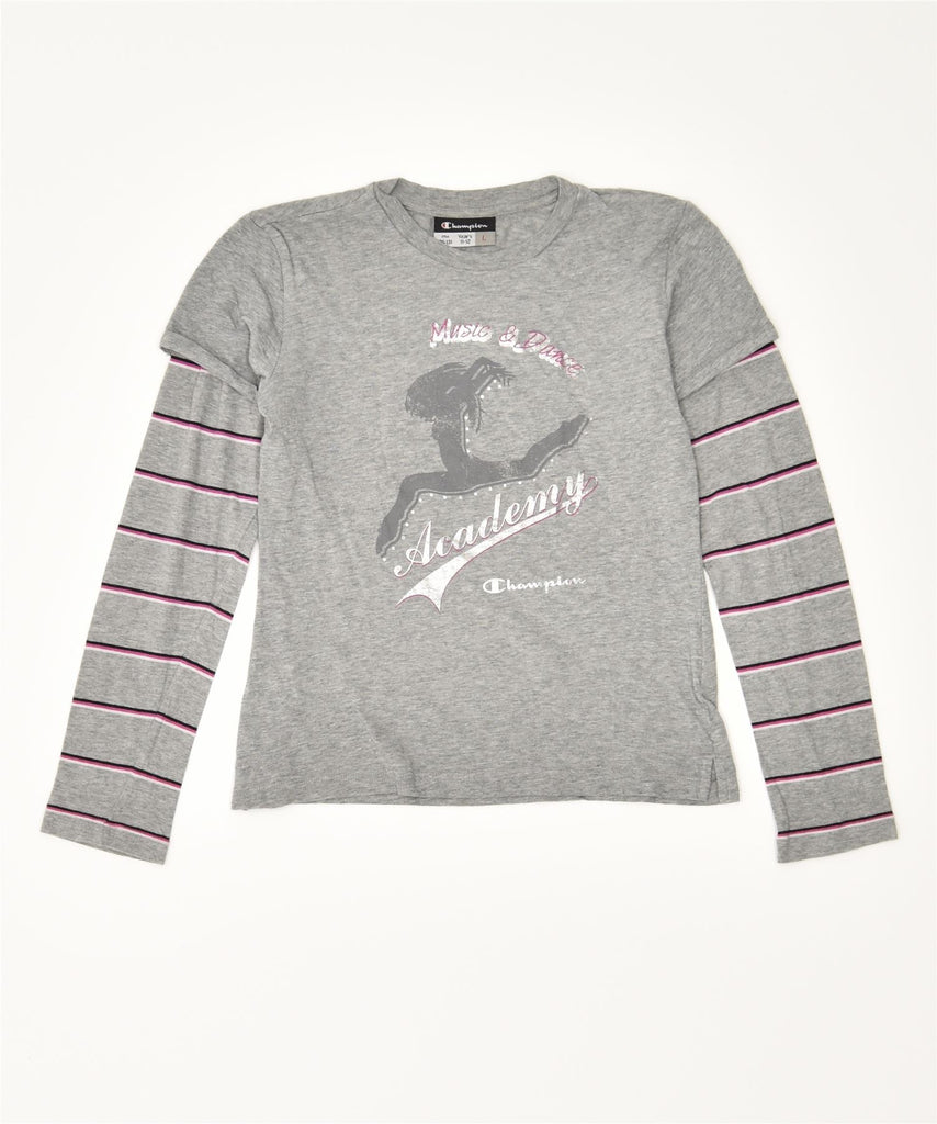 CHAMPION Girls Graphic Top Long Sleeve 11-12 Years Large Grey Cotton | Vintage | Thrift | Second-Hand | Used Clothing | Messina Hembry 