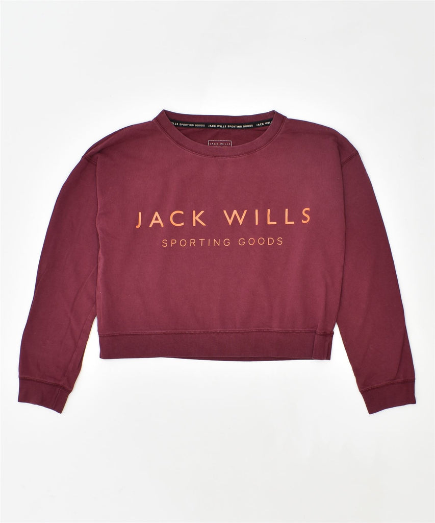 JACK WILLS Womens Crop Graphic Top Long Sleeve UK 8 Small Burgundy Cotton | Vintage | Thrift | Second-Hand | Used Clothing | Messina Hembry 