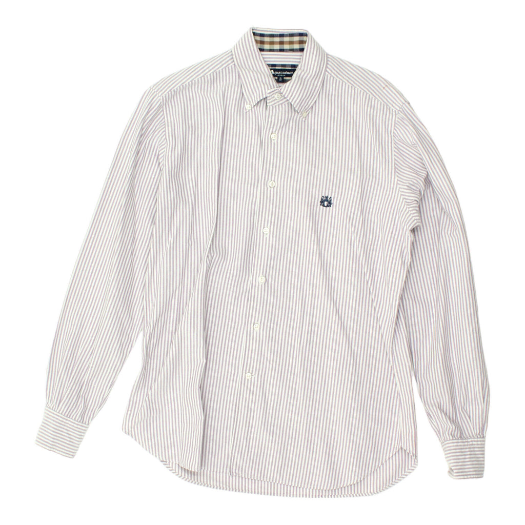 Aquascutum Mens White Pink Striped Button Down Collar Shirt | Vintage Designer | Vintage Messina Hembry | Thrift | Second-Hand Messina Hembry | Used Clothing | Messina Hembry 