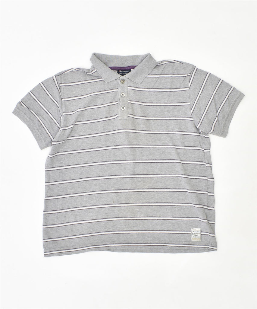 CHAMPION Boys Polo Shirt 11-12 Years Large Grey Striped Cotton | Vintage | Thrift | Second-Hand | Used Clothing | Messina Hembry 