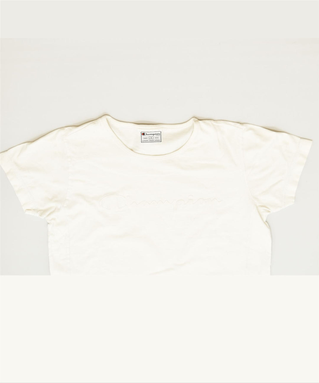 CHAMPION Womens Graphic T-Shirt Top UK 10 small White Cotton | Vintage | Thrift | Second-Hand | Used Clothing | Messina Hembry 