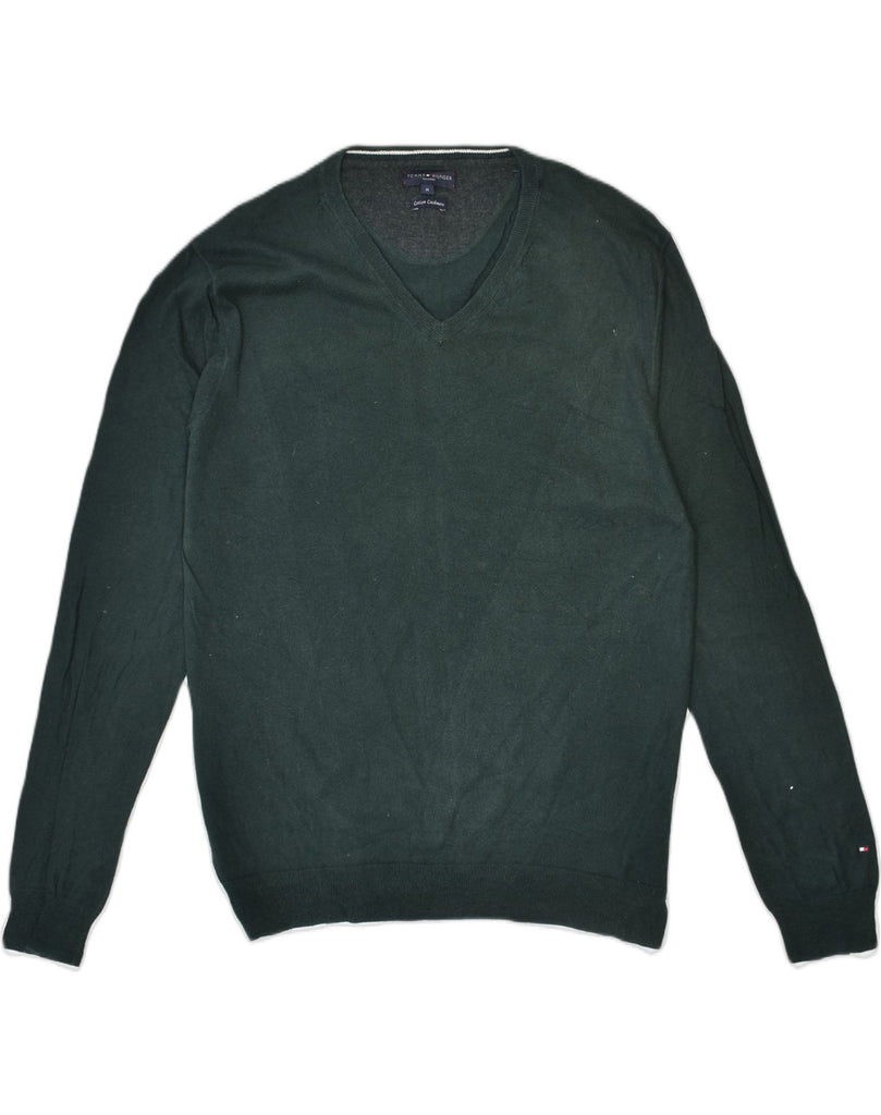 TOMMY HILFIGER Mens Tailored Fit V-Neck Jumper Sweater Medium Green Cotton | Vintage | Thrift | Second-Hand | Used Clothing | Messina Hembry 