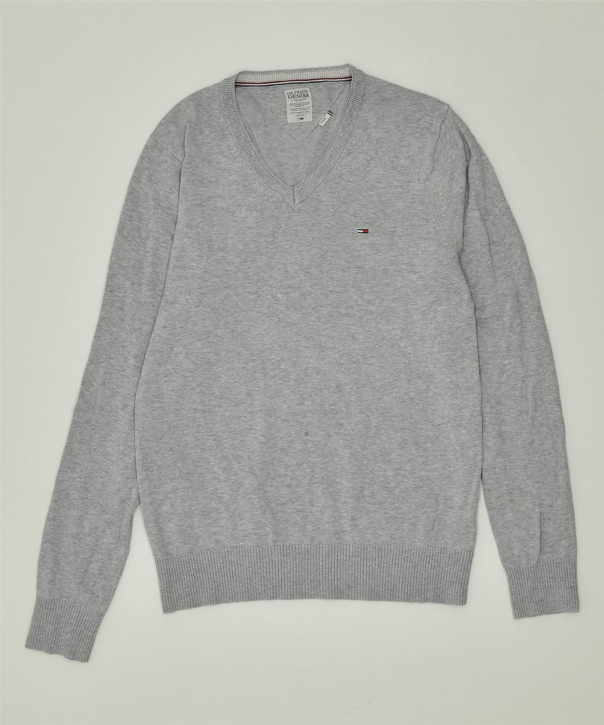 TOMMY HILFIGER Mens V-Neck Jumper Sweater Medium Grey Cotton | Vintage | Thrift | Second-Hand | Used Clothing | Messina Hembry 