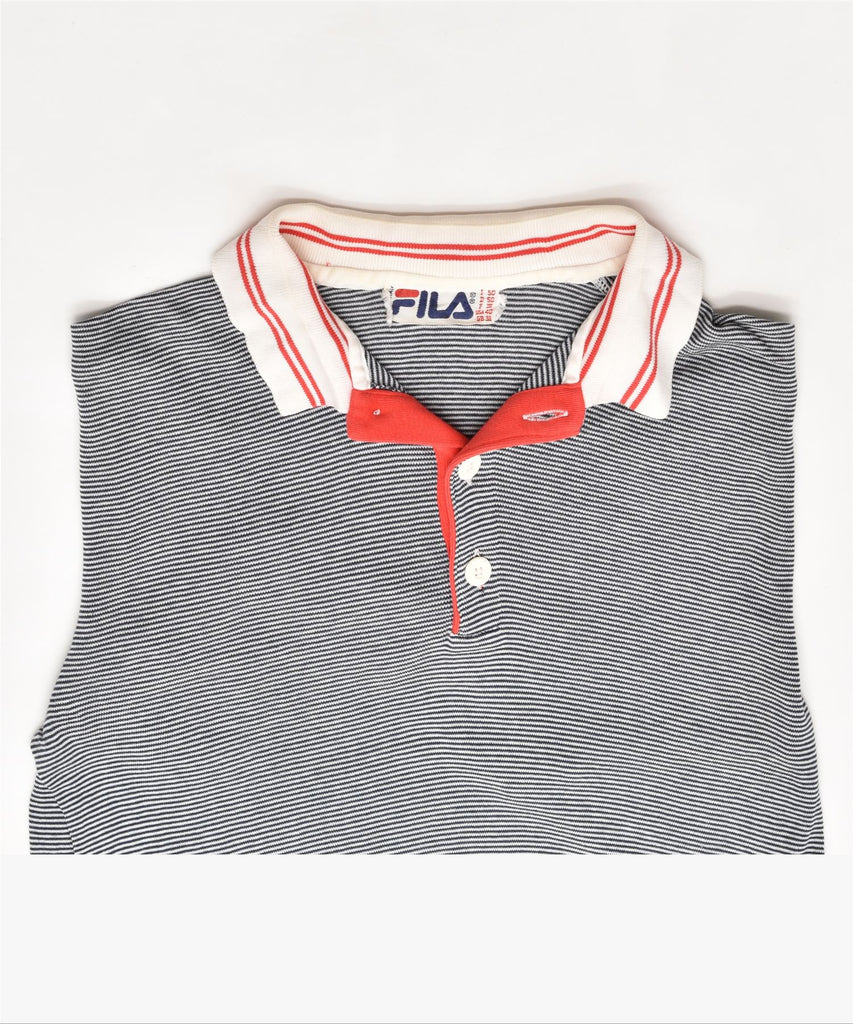 FILA Mens Slim Fit Polo Shirt UK 38 Medium Navy Blue Striped | Vintage | Thrift | Second-Hand | Used Clothing | Messina Hembry 