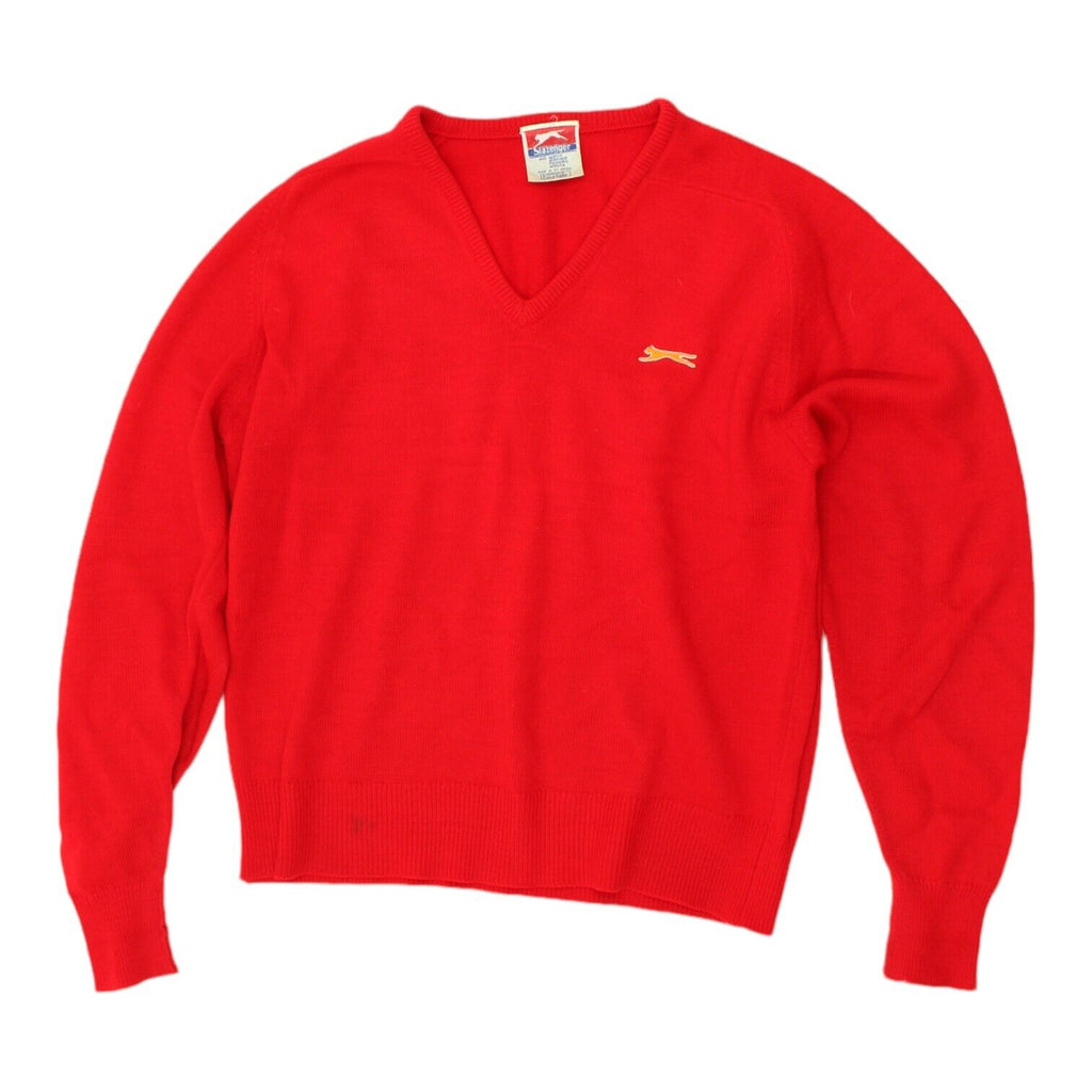 Slazenger Mens Red V Neck Acrylic Knit Jumper | Vintage 80s Designer Sweater VTG | Vintage Messina Hembry | Thrift | Second-Hand Messina Hembry | Used Clothing | Messina Hembry 