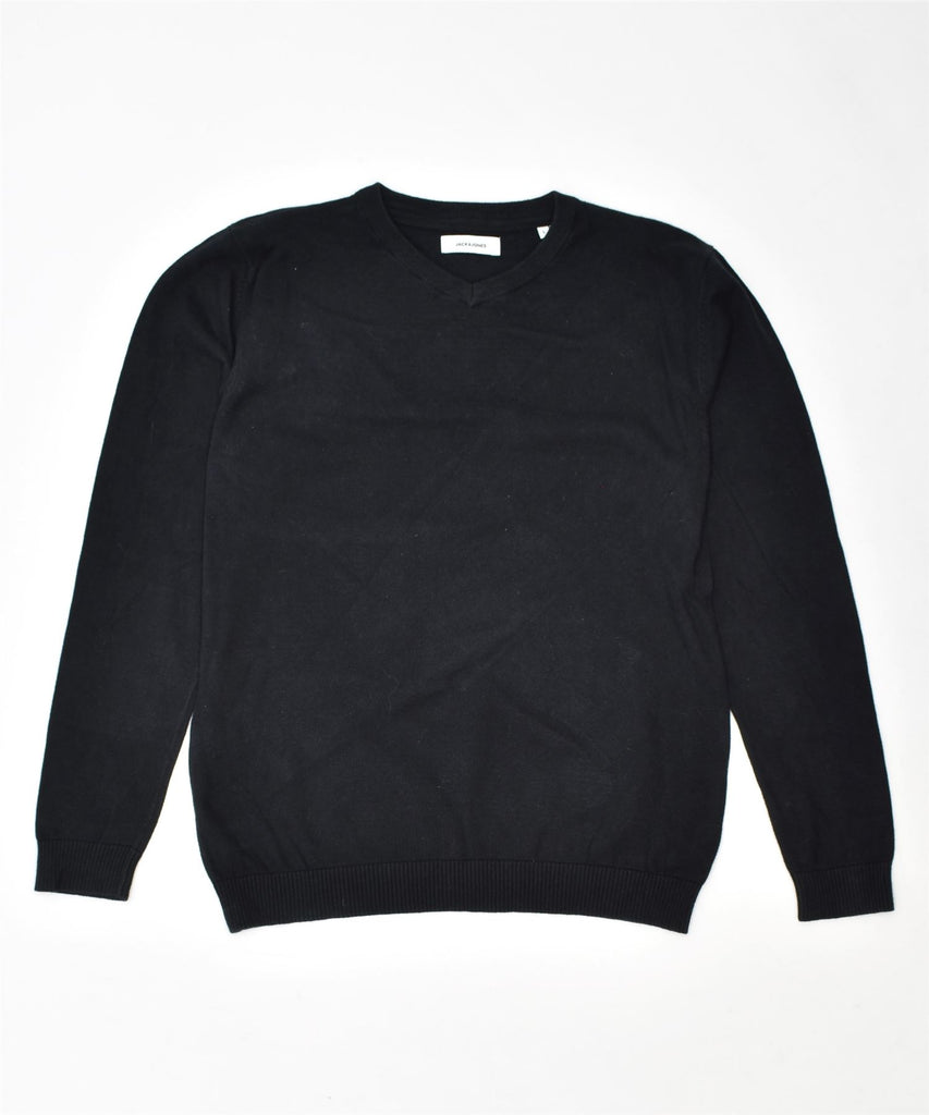 JACK & JONES Mens V-Neck Jumper Sweater Large Black Cotton | Vintage | Thrift | Second-Hand | Used Clothing | Messina Hembry 