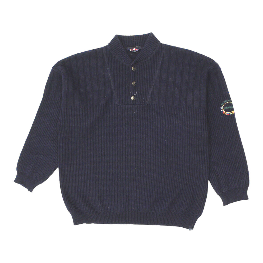 Navy & Green Navy Blue Wool Acrylic Knit Jumper | Vintage High End Button Up VTG | Vintage Messina Hembry | Thrift | Second-Hand Messina Hembry | Used Clothing | Messina Hembry 