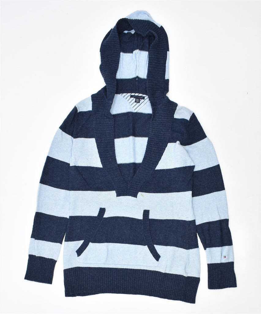 TOMMY HILFIGER Womens Hooded V-Neck Jumper Sweater UK 14 Medium Blue | Vintage | Thrift | Second-Hand | Used Clothing | Messina Hembry 