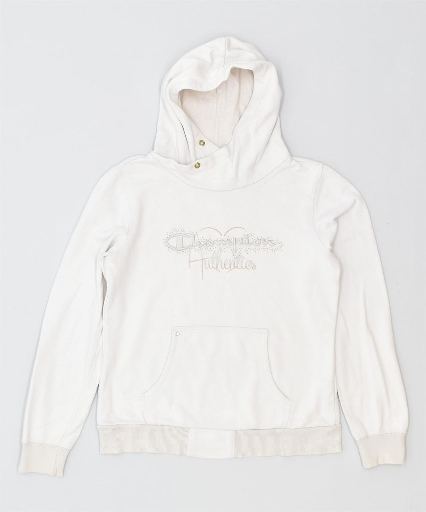 CHAMPION Girls Graphic Hoodie Jumper 13-14 Years XL Off White Cotton | Vintage | Thrift | Second-Hand | Used Clothing | Messina Hembry 